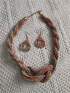Beaded Twist Necklace & Earrings Set - Coral and Teal